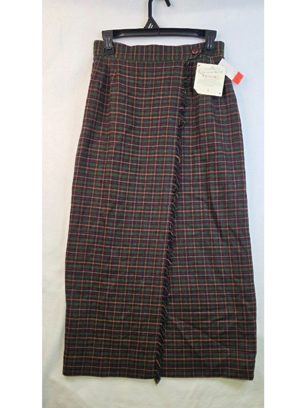 Vintage Susan Bristol Fringe Wrap Wool Skirt 8 Brown Plaid Quiet Luxury Academia